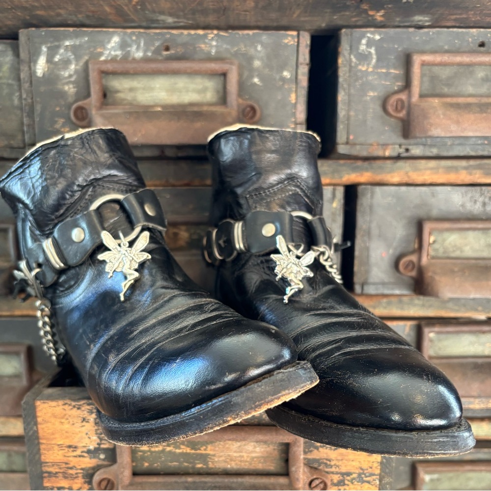 Upcycled decorated black vintage leather combat engineer moto boots boho grunge